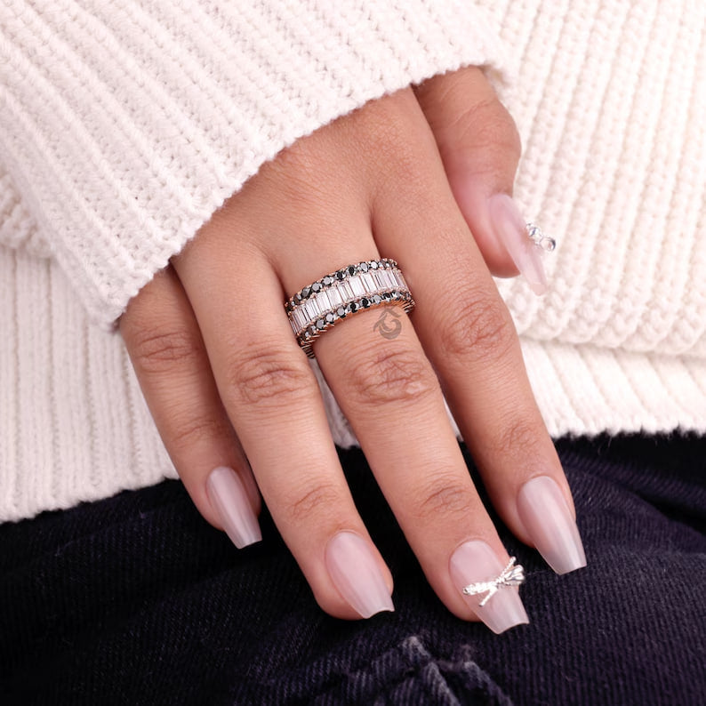 Baguette and Round Moissanite Eternity Band, Triple Row Black Diamond Wedding Band, Stackable Matching Band