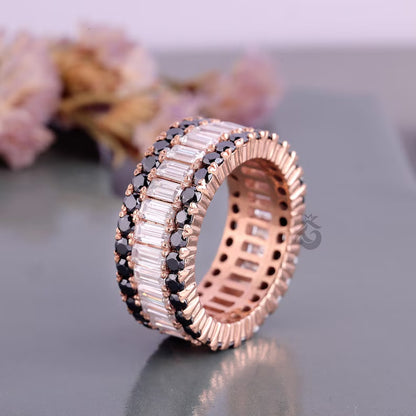 Baguette and Round Moissanite Eternity Band, Triple Row Black Diamond Wedding Band, Stackable Matching Band