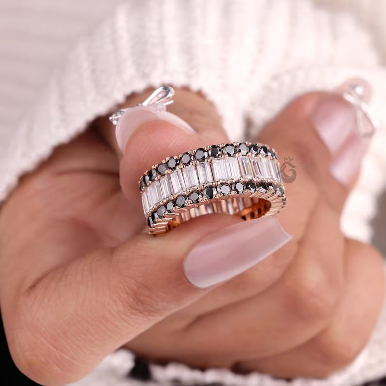 Baguette and Round Moissanite Eternity Band, Triple Row Black Diamond Wedding Band, Stackable Matching Band