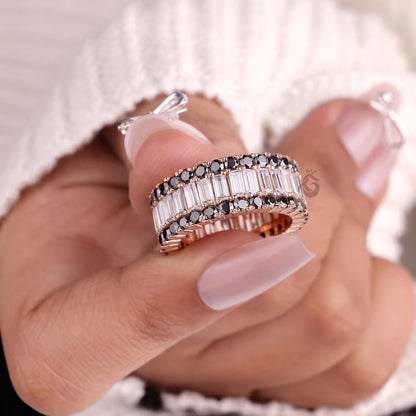 Baguette and Round Moissanite Eternity Band, Triple Row Black Diamond Wedding Band, Stackable Matching Band