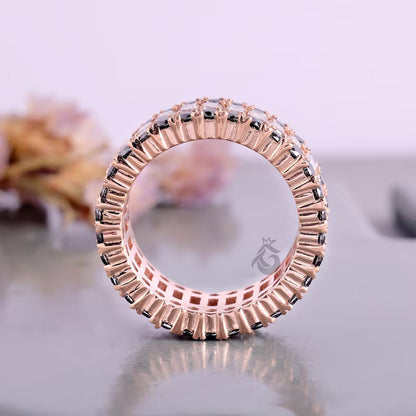 Baguette and Round Moissanite Eternity Band, Triple Row Black Diamond Wedding Band, Stackable Matching Band