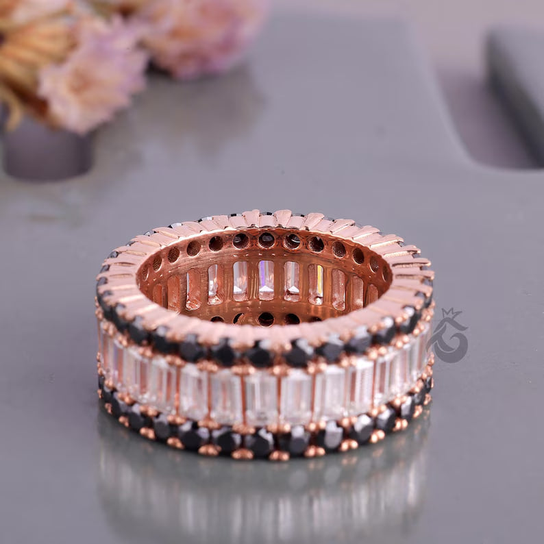 Baguette and Round Moissanite Eternity Band, Triple Row Black Diamond Wedding Band, Stackable Matching Band