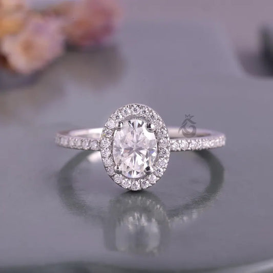Oval Halo Moissanite Engagement Ring, Vintage 14K White Gold Pave Wedding Ring, Classic Bridal Ring