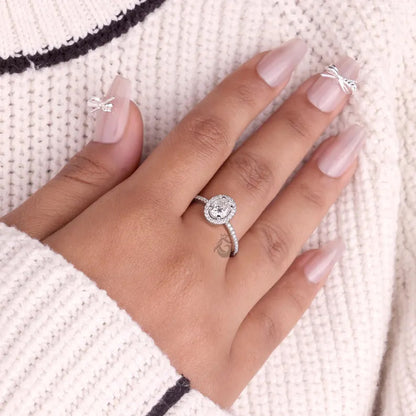 Oval Halo Moissanite Engagement Ring, Vintage 14K White Gold Pave Wedding Ring, Classic Bridal Ring