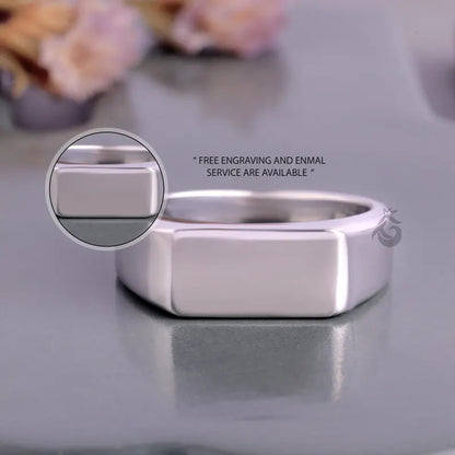 14K White Gold Rectangular Signet Ring, Personalized Men's Signet, Modern Wedding Band