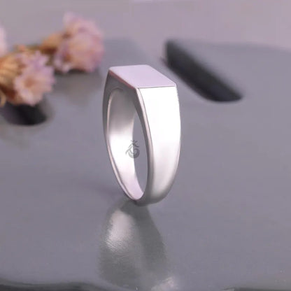 14K White Gold Rectangular Signet Ring, Personalized Men's Signet, Modern Wedding Band