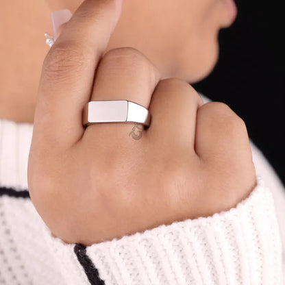 14K White Gold Rectangular Signet Ring, Personalized Men's Signet, Modern Wedding Band