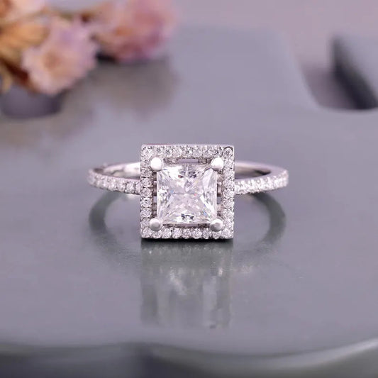 Princess Cut Moissanite Halo Engagement Ring, Pave Side Stone Bridal Wedding Ring
