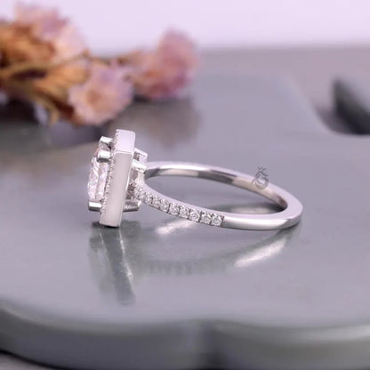 Princess Cut Moissanite Halo Engagement Ring, Pave Side Stone Bridal Wedding Ring