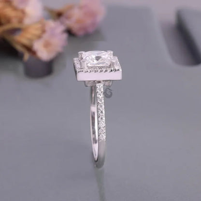 Princess Cut Moissanite Halo Engagement Ring, Pave Side Stone Bridal Wedding Ring