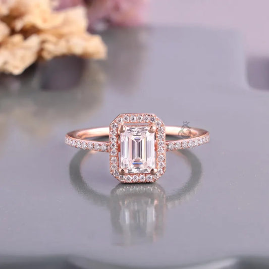1 CT Emerald Cut Moissanite Halo Engagement Ring, Pave Diamond Bridal Ring, 14K Rose Gold