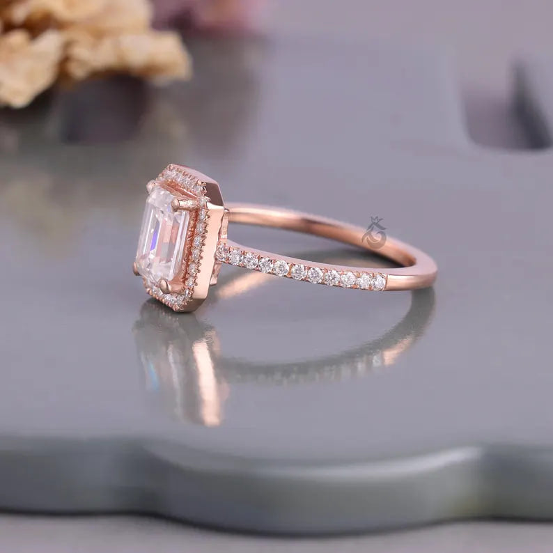 1 CT Emerald Cut Moissanite Halo Engagement Ring, Pave Diamond Bridal Ring, 14K Rose Gold