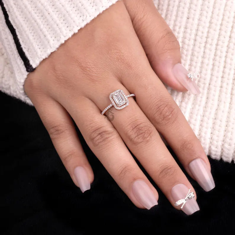 1 CT Emerald Cut Moissanite Halo Engagement Ring, Pave Diamond Bridal Ring, 14K Rose Gold