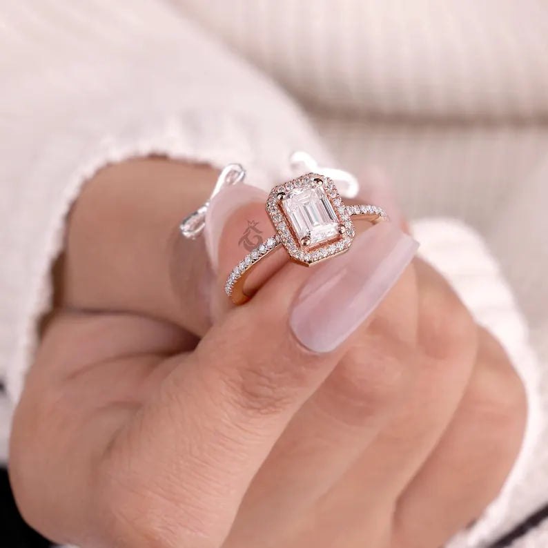 1 CT Emerald Cut Moissanite Halo Engagement Ring, Pave Diamond Bridal Ring, 14K Rose Gold