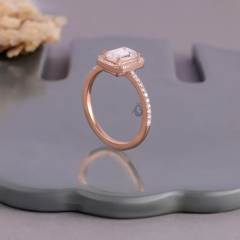 1 CT Emerald Cut Moissanite Halo Engagement Ring, Pave Diamond Bridal Ring, 14K Rose Gold