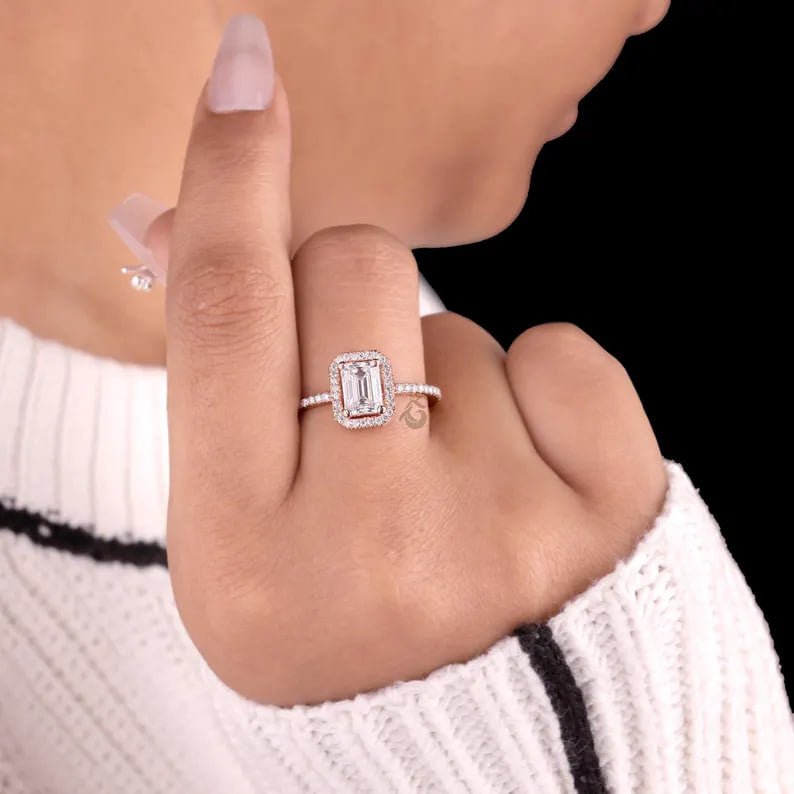 1 CT Emerald Cut Moissanite Halo Engagement Ring, Pave Diamond Bridal Ring, 14K Rose Gold