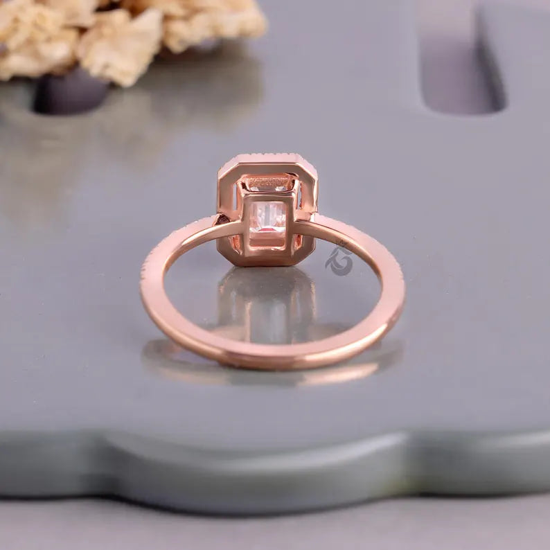 1 CT Emerald Cut Moissanite Halo Engagement Ring, Pave Diamond Bridal Ring, 14K Rose Gold