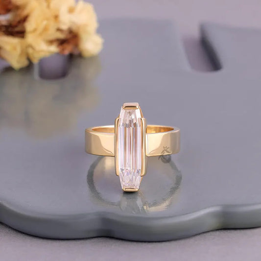 3CT Baguette Cut Moissanite Engagement Ring, Half Bezel Solitaire Ring, Solid Gold