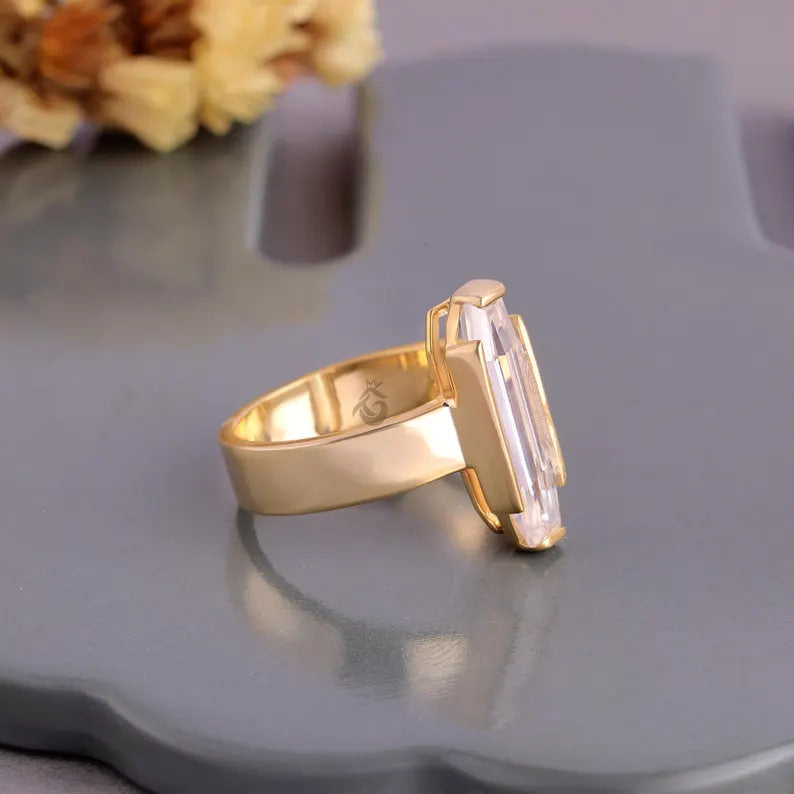 3CT Baguette Cut Moissanite Engagement Ring, Half Bezel Solitaire Ring, Solid Gold