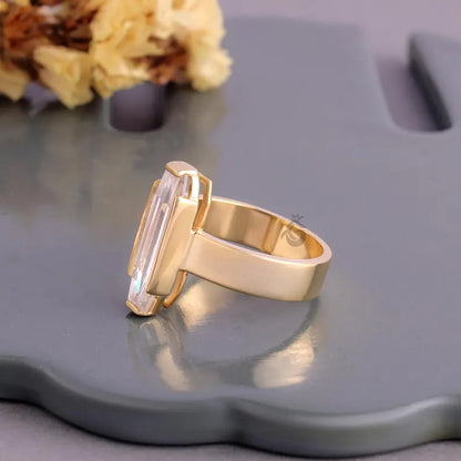3CT Baguette Cut Moissanite Engagement Ring, Half Bezel Solitaire Ring, Solid Gold