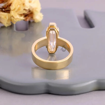 3CT Baguette Cut Moissanite Engagement Ring, Half Bezel Solitaire Ring, Solid Gold