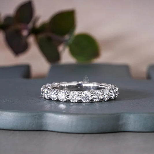 Art Deco Round Moissanite Eternity Band, 14K White Gold Wedding Ring