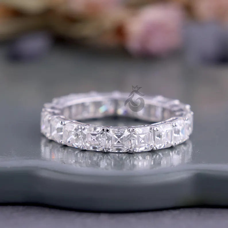 3.50 MM  Asscher Cut Moissanite Eternity Band, Prong Set Full Eternity Ring