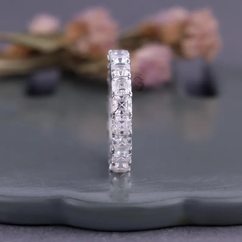 3.50 MM  Asscher Cut Moissanite Eternity Band, Prong Set Full Eternity Ring