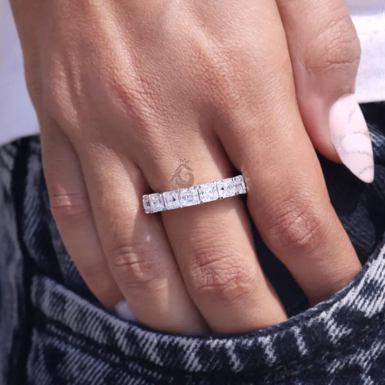 3.50 MM  Asscher Cut Moissanite Eternity Band, Prong Set Full Eternity Ring