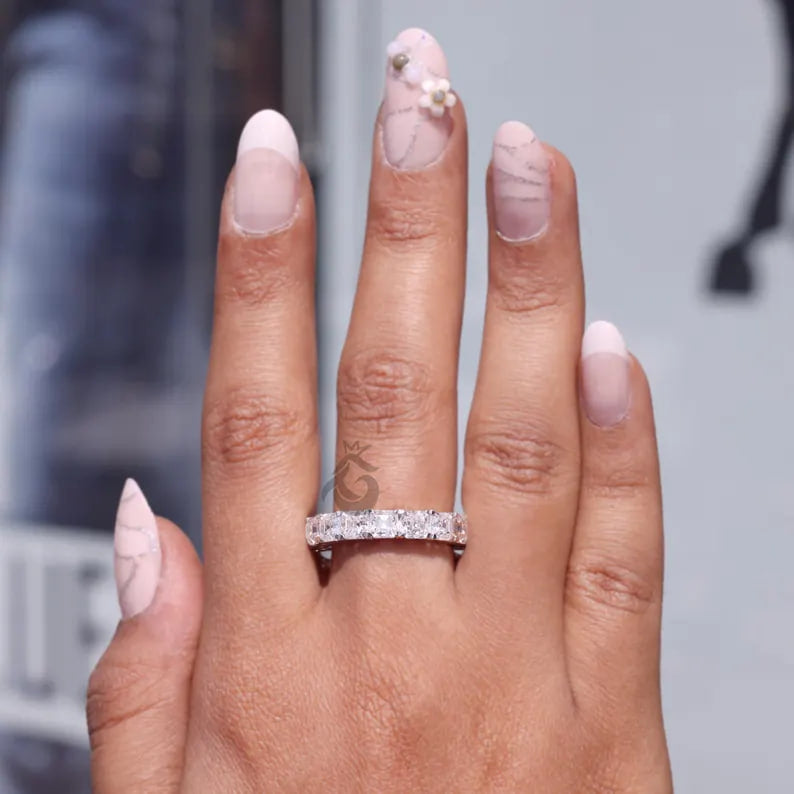 4.00MM Asscher Cut Moissanite Eternity Band, 14K White Gold Stacking Ring
