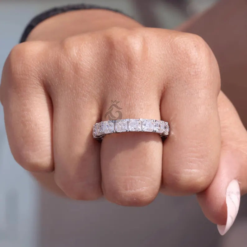 4.00MM Asscher Cut Moissanite Eternity Band, 14K White Gold Stacking Ring