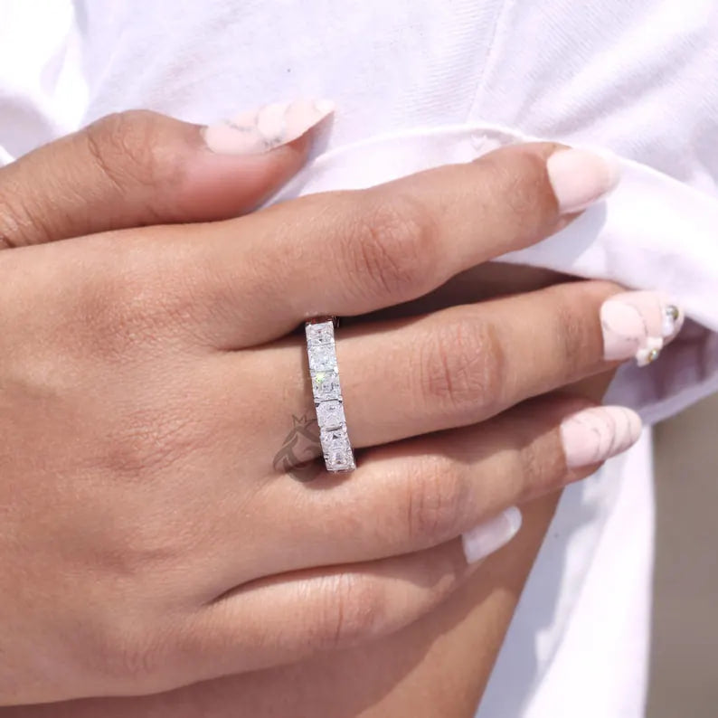 4.00MM Asscher Cut Moissanite Eternity Band, 14K White Gold Stacking Ring