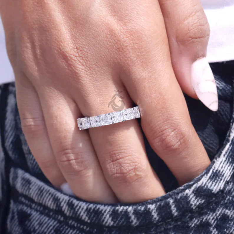 4.00MM Asscher Cut Moissanite Eternity Band, 14K White Gold Stacking Ring