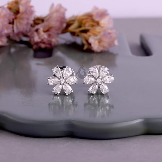 Pear Cut Moissanite Flower Stud Earrings, Screw Back Earrings for Women