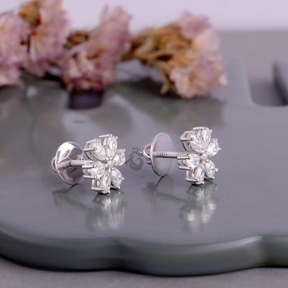 Pear Cut Moissanite Flower Stud Earrings, Screw Back Earrings for Women