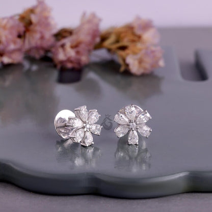 Pear Cut Moissanite Flower Stud Earrings, Screw Back Earrings for Women