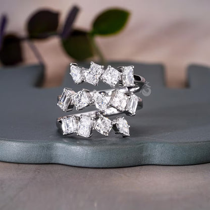 Mixed Shape Lab Diamond Spiral Ring, 14K White Gold Three Row Eternity Band
