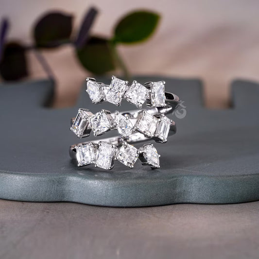 Mixed Shape Lab Diamond Spiral Ring, 14K White Gold Three Row Eternity Band