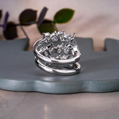 Mixed Shape Lab Diamond Spiral Ring, 14K White Gold Three Row Eternity Band
