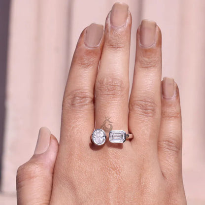 Emerald & Oval Lab Diamond Toi et Moi Ring, Two Stone Engagement Ring