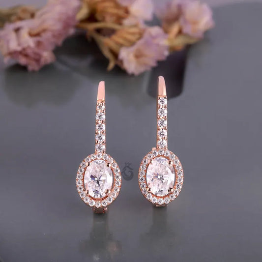Oval Cut Moissanite Halo Earrings, 14K Rose Gold Dangle Drop Bridal Earrings