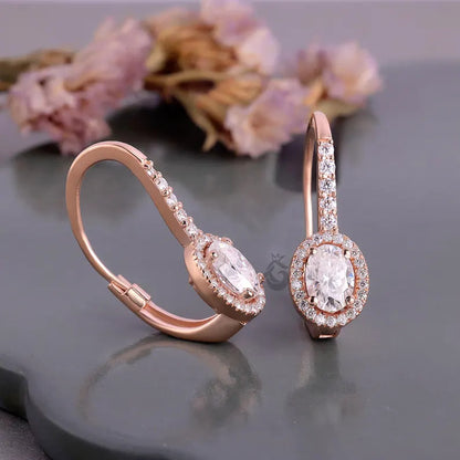 Oval Cut Moissanite Halo Earrings, 14K Rose Gold Dangle Drop Bridal Earrings