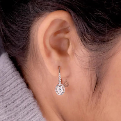 Oval Cut Moissanite Halo Earrings, 14K Rose Gold Dangle Drop Bridal Earrings
