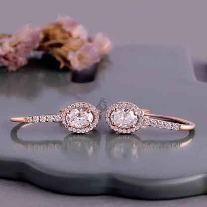 Oval Cut Moissanite Halo Earrings, 14K Rose Gold Dangle Drop Bridal Earrings