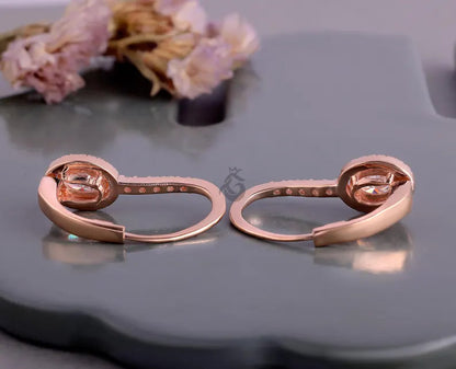 Oval Cut Moissanite Halo Earrings, 14K Rose Gold Dangle Drop Bridal Earrings