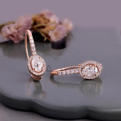 Oval Cut Moissanite Halo Earrings, 14K Rose Gold Dangle Drop Bridal Earrings