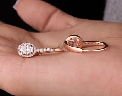 Oval Cut Moissanite Halo Earrings, 14K Rose Gold Dangle Drop Bridal Earrings