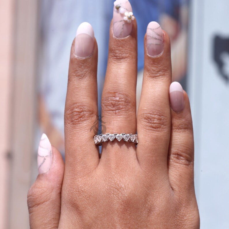 3.50 MM Heart Cut Moissanite Eternity Band, Delicate Wedding Ring for Women