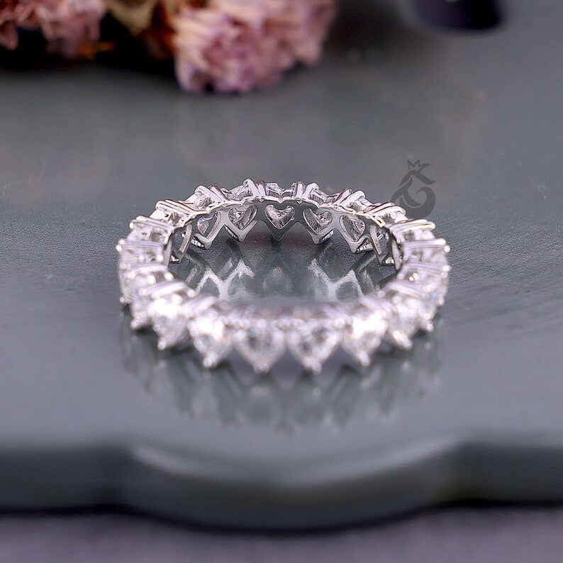 3.50 MM Heart Cut Moissanite Eternity Band, Delicate Wedding Ring for Women