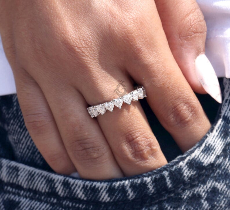 3.50 MM Heart Cut Moissanite Eternity Band, Delicate Wedding Ring for Women